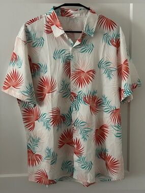 Men’s Hawaiian Shirt Pink Blue White Tropical Beach Resort Large Button Up